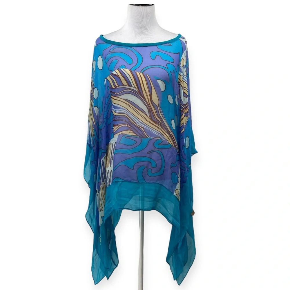 Zonda Nellis Tunic Poncho Top Womens‎ Sz OS Blue Abstract Silk Swirl Beach Luxe